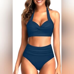 NWT Tempt Me 2 Pc Self-Tie Halter Neck Pleated Front Panel Push Up Bikini-Teal L